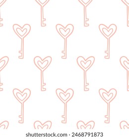 Keys Romantic Seamless Pattern, Valentines Day Background Texture. Wallpaper, Minimal Textile Print Design Vector Illustration, Vintage Retro Style