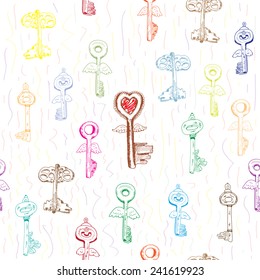 Keys. Seamless background with hand drawn graphic