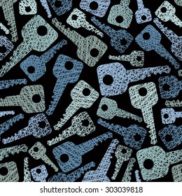 Keys seamless pattern, Security theme seamless background, vector, hand drawn lines textures used.