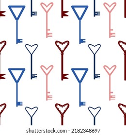 keys seamless vector pattern,  heart shape, multicolored, on white background