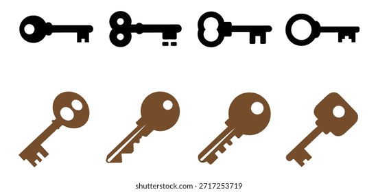 Claves Seguridad Desbloquear Icono Acceso Soluciones. Icono de clave en estilo genérico. Colección de varias teclas en colores negro y marrón. 