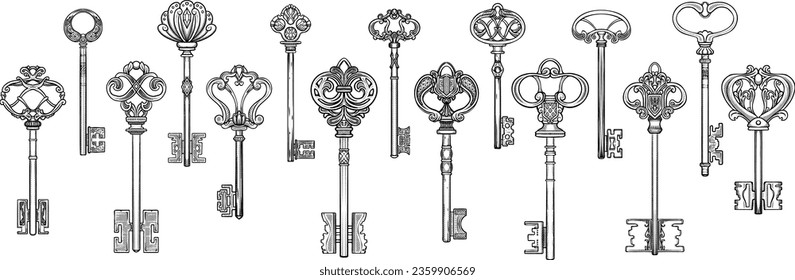 keys set of different shape ornament and secrecy in vintage style isolated vector illustration.