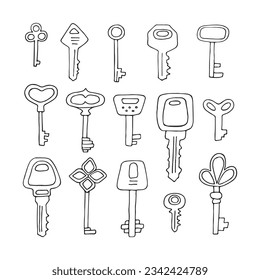 Keys set. Various vintage, antique and modern Keys with ornate heads. All elements are isolated. Vector illustration