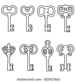 Keys set. Vintage keys thin line design. The keys of different shapes, linear symbols collection