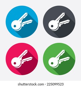 Keys sign icon. Unlock tool symbol. Circle buttons with long shadow. 4 icons set. Vector