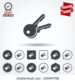 Keys sign icon. Unlock tool symbol. Circle, star, speech bubble and square buttons. Award medal with check mark. Thank you ribbon. Vector