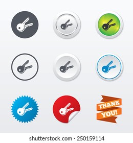 Keys sign icon. Unlock tool symbol. Circle concept buttons. Metal edging. Star and label sticker. Vector
