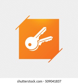 Keys sign icon. Unlock tool symbol. Orange square label on pattern. Vector