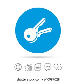 Keys sign icon. Unlock tool symbol. Copy files, chat speech bubble and chart web icons. Vector
