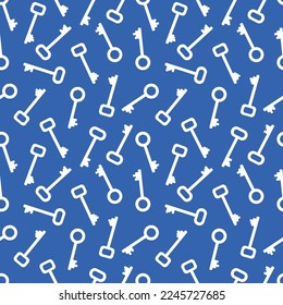 Keys silhouettes. Seamless pattern with white keys on a blue background.
