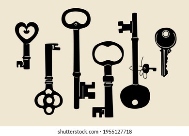 Keys silhouettes vector set isolated over gray background. Flat and line modern style.