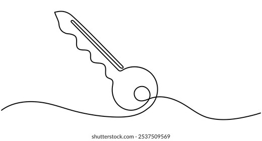Teclas Icono de una sola línea, Icono de línea de teclas, Icono de línea de llave de casa, Dibujo continuo de una línea de tecla, Dibujo continuo de icono de llave digital. Ilustración vectorial de símbolo dibujado a mano.