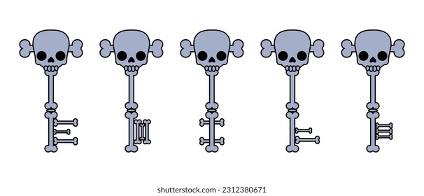 Keys with skull and bones for Halloween design. Horror keys icons set. Vector illustration isolated on white background.