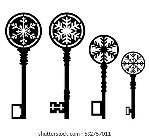 Keys with Snowflake Ornaments and Other Decorative Elements, Christmas Decoration.   