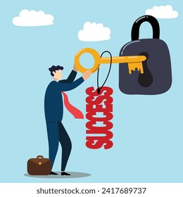 Keys to Success, winning strategy concept.  Businessman has the key to success.  Unlock the key to success