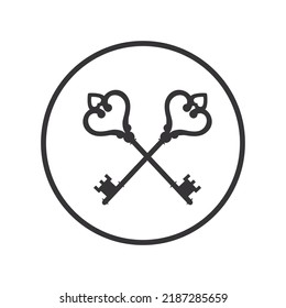 keys symbol monogram, antique crossed keys with shape of heart inside a circle.