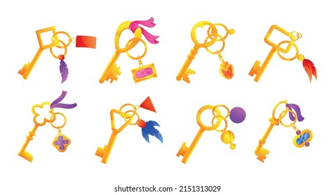 Keys With Trinkets. Cartoon Golden And Steel Keys With Tags, Vintage Key Collection. Vector Set