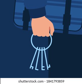 Teclas en la ilustración vectorial de color RGB semiplana de mano de hombre desconocido. Invasión nocturna para romper el hogar. Ropa de llaves robadas. Objeto de dibujos animados aislados con la llave de la casa sobre fondo azul oscuro