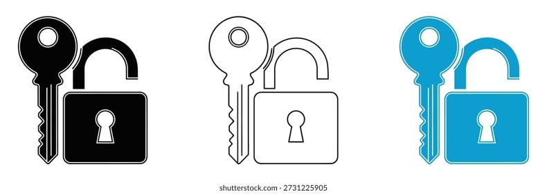 Keys unlocking padlocks in black, white, and blue colors