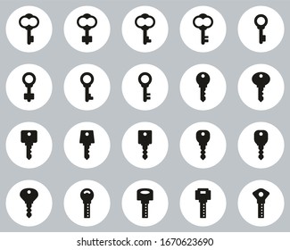 Keys Or Various Shapes Of Keys Icons Black & White Flat Design Circle Set Big