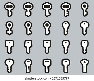Keys Or Various Shapes Of Keys Icons White On Black Sticker Set Big
