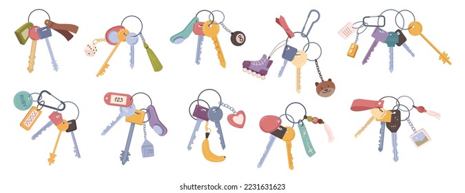 Keys vector set isolated on white background, flat cartoon style icon modern and classic retro door key bunch hanging on ring, keychain with trinkets, different keychains, heart and address name