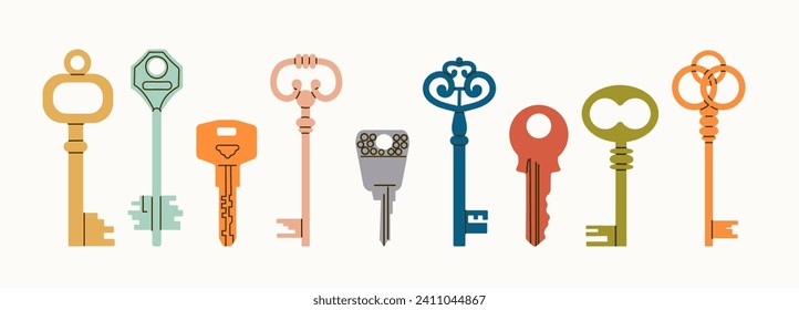 Keys vector set isolated on white background. Hand drawn colored Vector Keys. Various vintage, antique and modern Keys with ornate heads. 