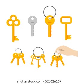 Keys vector set isolated on white background, flat cartoon style icon modern and classic retro door keys bunch hanging on ring, hand holding keychain