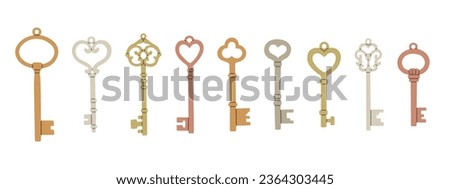 Keys vector set isolated on white background graphic clipart, flat cartoon modern classic vintage old retro door keys