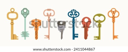 Keys vector set isolated on white background. Hand drawn colored Vector Keys. Various vintage, antique and modern Keys with ornate heads. 