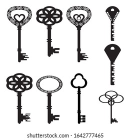 
The keys. Vector set of nine black silhouettes of keys. Isolated white background. For web design.
