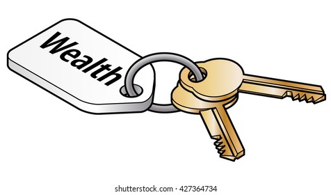 Keys to wealth concept. Two brass keys on key ring with a white tag.