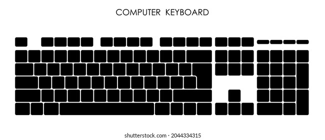 Tasten der Wireless-PC-Tastatur. Buchstaben und Symbole auf Schaltflächen. Einfache schwarz-weißer Vektorgrafik einzeln auf weißem Hintergrund