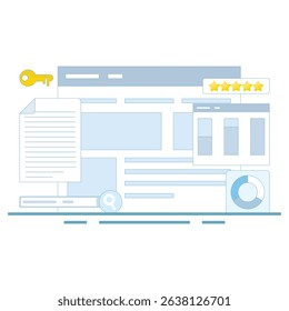 Keyword analysis concept, keyword research tools. Keyword competition analysis. Most searched keywords. SEO keywords dominate search engine results pages. Flat design in the background.