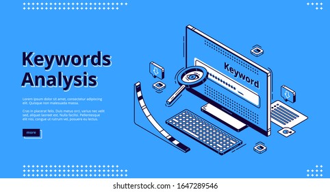 Keyword analysis isometric landing page. Seo keywording process research tool magnifying glass, long tail graph at computer monitor. Optimization service 3d vector illustration, line art, web banner