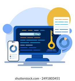 Schlagwort Analysis Report Concept, Ranking der am häufigsten durchsuchten Schlagwort. SEO-Schlagwort dominieren Suchmaschinen-Ergebnisseite, Schlagwort-Recherche, SEO-Bericht, Vektorillustration mit Icons.