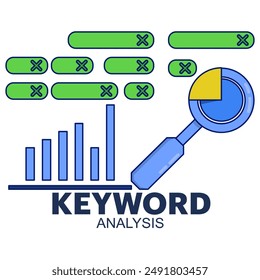 Keyword analysis report concept, ranking of most frequently searched keywords. SEO keywords dominate search engine results page, keyword research, SEO report, vector illustration with icons.