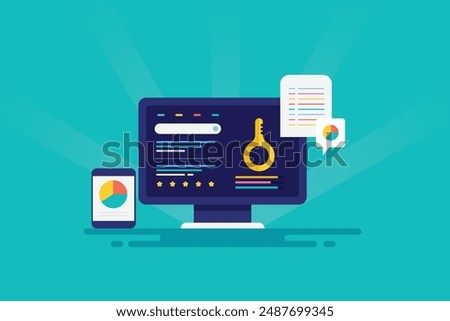 Keyword analysis report, SEO keyword dominating search engine result page, Keyword research, SEO report - vector illustration with icons