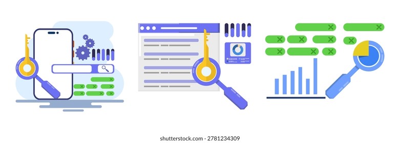 Keyword analysis report and SEO research illustration set showing search engine ranking dominance, keyword research process, and SEO report with icons. flat vector illustration.