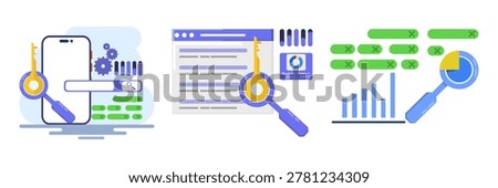 Keyword analysis report and SEO research illustration set showing search engine ranking dominance, keyword research process, and SEO report with icons. flat vector illustration.