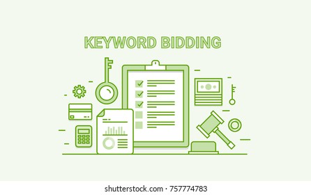 Keyword Bidding, Keyword selection concept, search marketing, data analysis flat line vector illustration with icons on light background