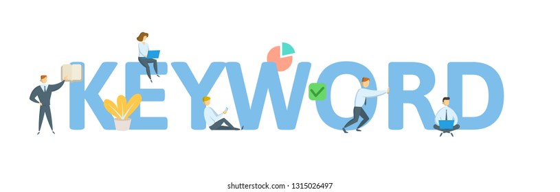 KEYWORD. Concept with people, letters and icons. Colored flat vector illustration. Isolated on white background.