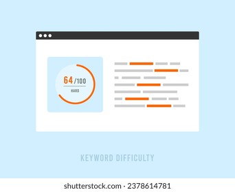 Keyword Difficulty gauges search engines first-page ranking difficulty on 0-100 scale. SEO Keyword difficulty metrics vector isolated illustration on blue background with icons