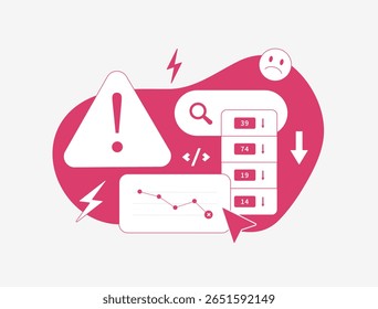 Keyword drop alert with sad face icon, declining search trends, traffic loss chart. Warning sign indicating SEO mistake performance issue and keyword visibility drop. Vector illustration