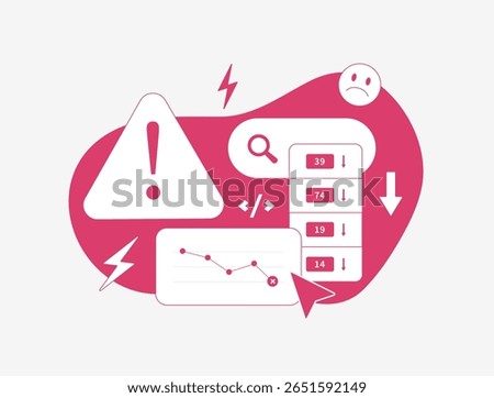Keyword drop alert with sad face icon, declining search trends, traffic loss chart. Warning sign indicating SEO mistake performance issue and keyword visibility drop. Vector illustration