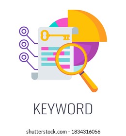 Keyword Icon Key. Magnifier with document and pie chart. Flat vector illustration.