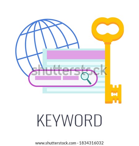 Keyword Icon. Key, search bar on the screen, globe. Search on the Internet. Flat vector illustration.