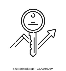 Keyword key with arrow growing up, seo and words search, house rent and sale concept isolated outline icon. Vector metal key and ranking increase sign