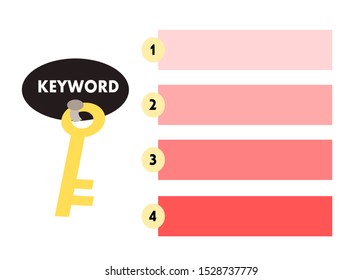 Keyword, A key is hanging. Info graphic with 4 pink text boxes for adding text. Business and work concept.