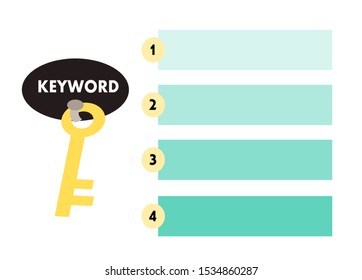 Keyword, A key is hanging. Info graphic with 4 green text boxes for adding text. Business and work concept.